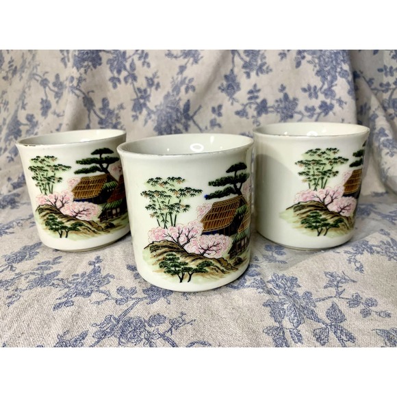 Set of 3 Vintage Handpainted Japanese Cherry Blossom Porcelain Mugs - Picture 8 of 10